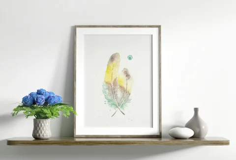 Image of a feather watercolor painting by Shayna Larsen, originals & prints available