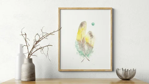Image of a feather watercolor painting by Shayna Larsen, originals & prints available