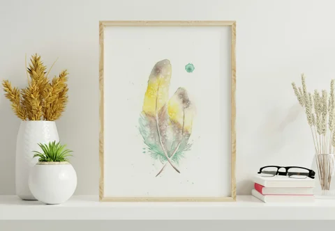 Image of a feather watercolor painting by Shayna Larsen, originals & prints available