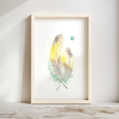 Image of a feather watercolor painting by Shayna Larsen, originals & prints available