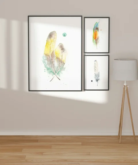 Image of a feather watercolor painting by Shayna Larsen, originals & prints available