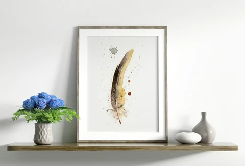 Image of a feather watercolor painting by Shayna Larsen, originals & prints available