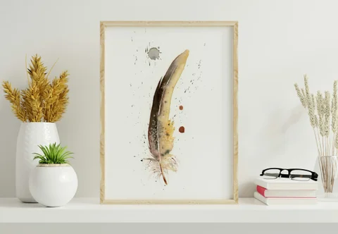 Image of a feather watercolor painting by Shayna Larsen, originals & prints available