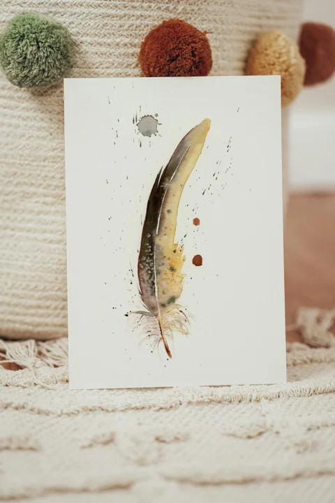 Image of a feather watercolor painting by Shayna Larsen, originals & prints available