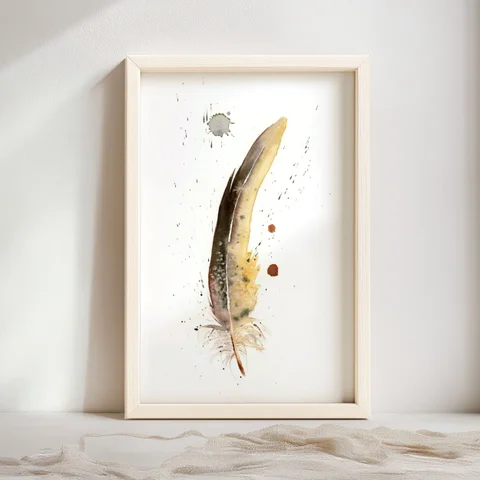 Image of a feather watercolor painting by Shayna Larsen, originals & prints available
