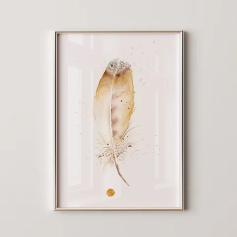 Image of a feather watercolor painting by Shayna Larsen, originals & prints available
