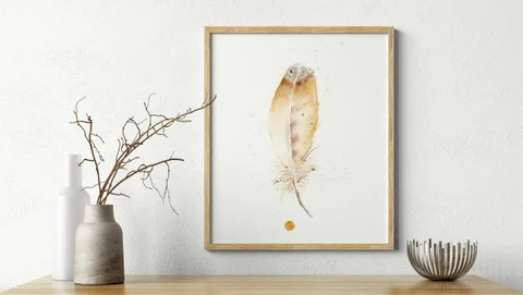 Image of a feather watercolor painting by Shayna Larsen, originals & prints available