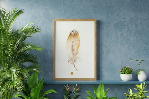 Image of a feather watercolor painting by Shayna Larsen, originals & prints available