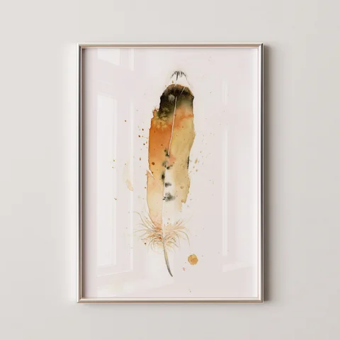 Image of a feather watercolor painting by Shayna Larsen, originals & prints available