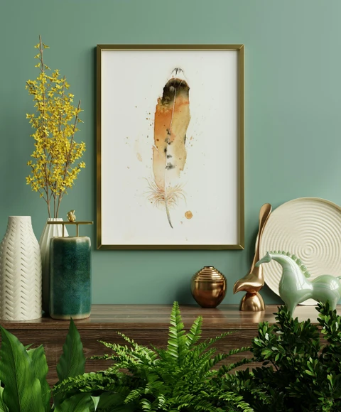 Image of a feather watercolor painting by Shayna Larsen, originals & prints available