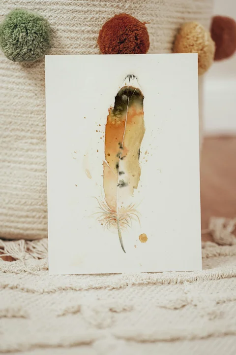 Image of a feather watercolor painting by Shayna Larsen, originals & prints available