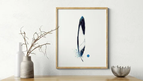 Image of a feather watercolor painting by Shayna Larsen, originals & prints available