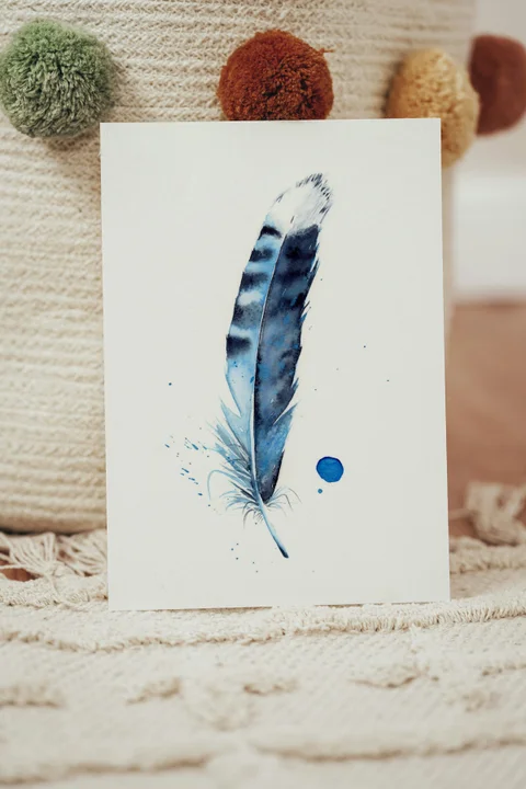 Image of a feather watercolor painting by Shayna Larsen, originals & prints available