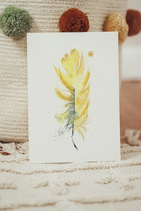 Image of a feather watercolor painting by Shayna Larsen, originals & prints available