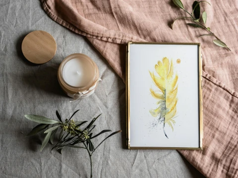 Image of a feather watercolor painting by Shayna Larsen, originals & prints available
