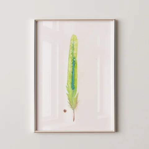 Image of a feather watercolor painting by Shayna Larsen, originals & prints available