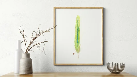 Image of a feather watercolor painting by Shayna Larsen, originals & prints available