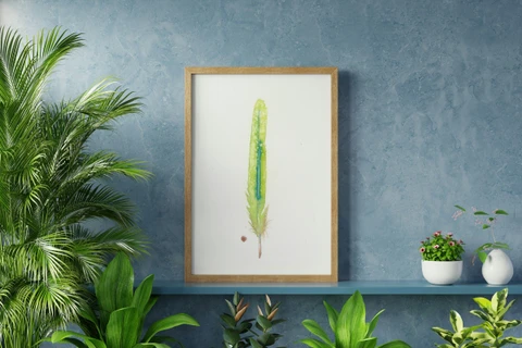 Image of a feather watercolor painting by Shayna Larsen, originals & prints available