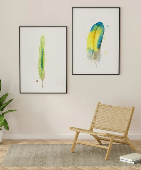 Image of a feather watercolor painting by Shayna Larsen, originals & prints available