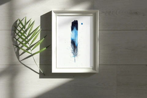 Image of a feather watercolor painting by Shayna Larsen, originals & prints available