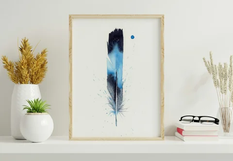 Image of a feather watercolor painting by Shayna Larsen, originals & prints available