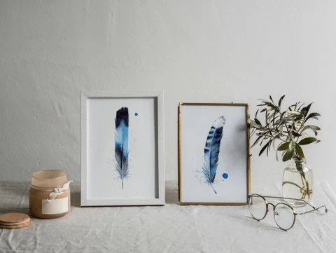 Image of a feather watercolor painting by Shayna Larsen, originals & prints available