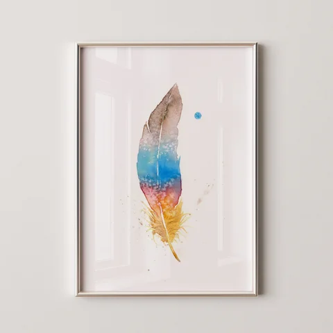 Image of a feather watercolor painting by Shayna Larsen, originals & prints available