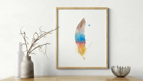 Image of a feather watercolor painting by Shayna Larsen, originals & prints available
