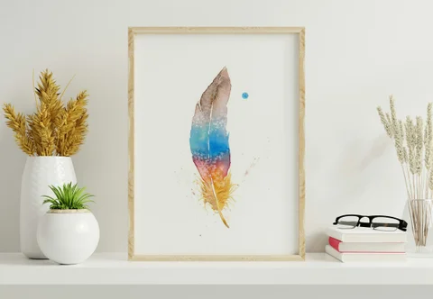 Image of a feather watercolor painting by Shayna Larsen, originals & prints available