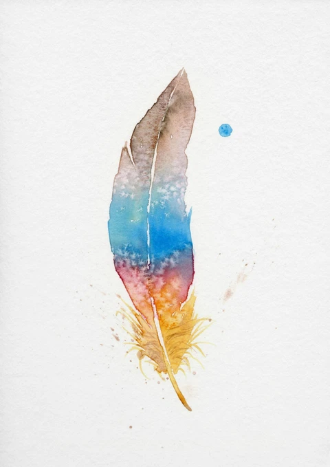 Image of a feather watercolor painting by Shayna Larsen, originals & prints available