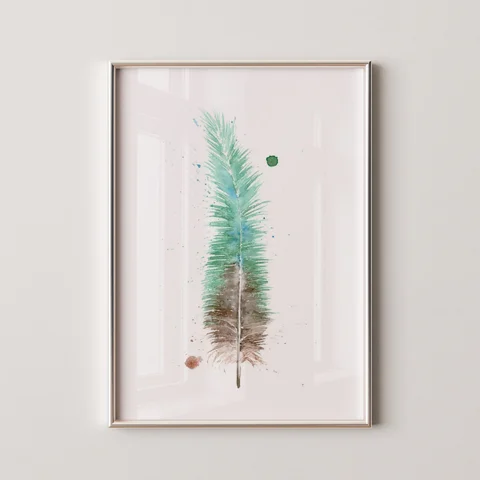 Image of a feather watercolor painting by Shayna Larsen, originals & prints available
