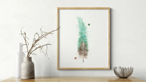 Image of a feather watercolor painting by Shayna Larsen, originals & prints available