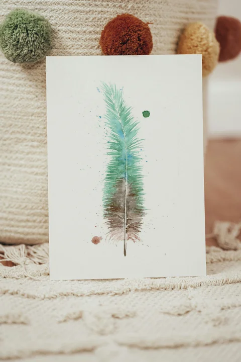Image of a feather watercolor painting by Shayna Larsen, originals & prints available