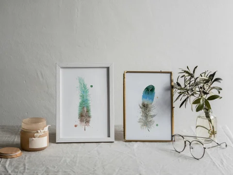 Image of a feather watercolor painting by Shayna Larsen, originals & prints available