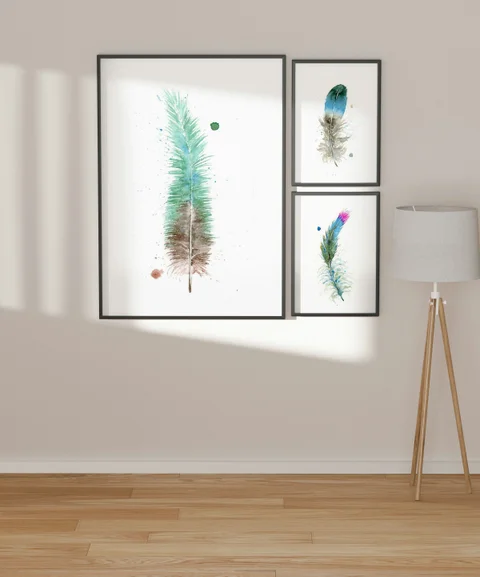 Image of a feather watercolor painting by Shayna Larsen, originals & prints available