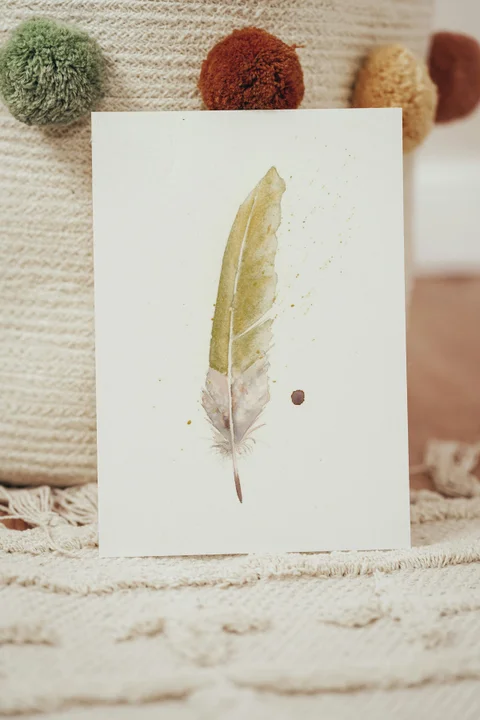 Image of a feather watercolor painting by Shayna Larsen, originals & prints available
