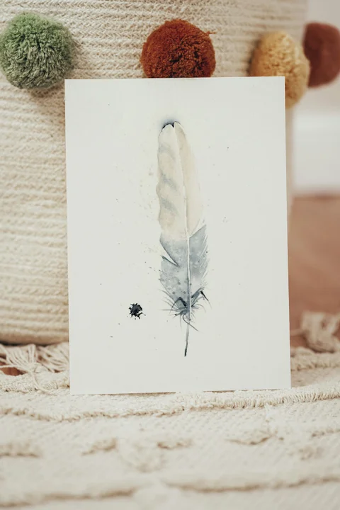 Image of a feather watercolor painting by Shayna Larsen, originals & prints available