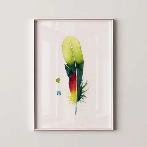Image of a feather watercolor painting by Shayna Larsen, originals & prints available