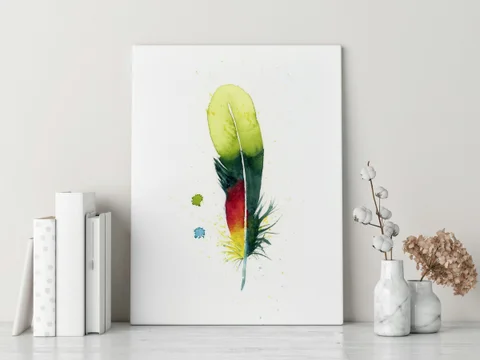 Image of a feather watercolor painting by Shayna Larsen, originals & prints available