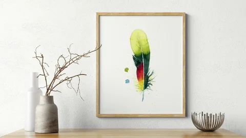 Image of a feather watercolor painting by Shayna Larsen, originals & prints available