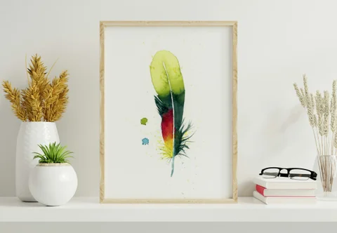 Image of a feather watercolor painting by Shayna Larsen, originals & prints available