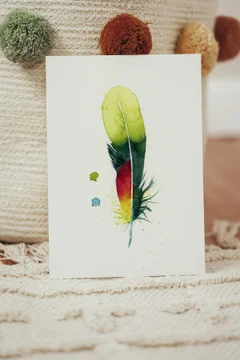 Image of a feather watercolor painting by Shayna Larsen, originals & prints available