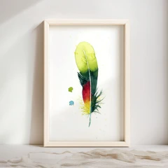 Image of a feather watercolor painting by Shayna Larsen, originals & prints available