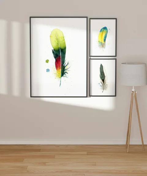 Image of a feather watercolor painting by Shayna Larsen, originals & prints available