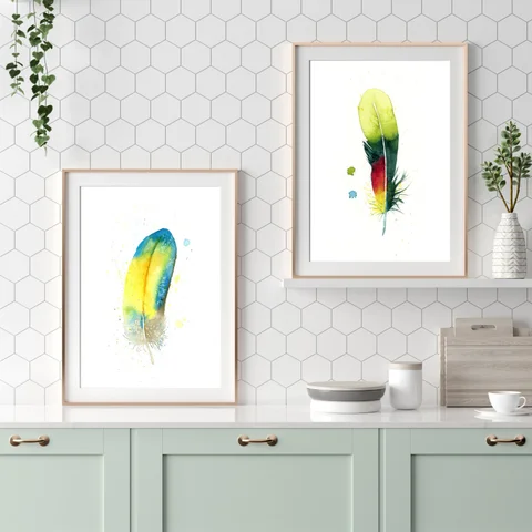 Image of a feather watercolor painting by Shayna Larsen, originals & prints available