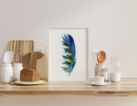 Image of a feather watercolor painting by Shayna Larsen, originals & prints available