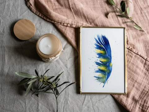 Image of a feather watercolor painting by Shayna Larsen, originals & prints available