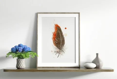 Image of a feather watercolor painting by Shayna Larsen, originals & prints available