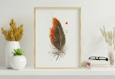Image of a feather watercolor painting by Shayna Larsen, originals & prints available