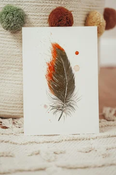 Image of a feather watercolor painting by Shayna Larsen, originals & prints available